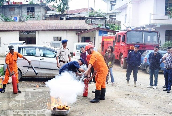 Demonstration on the use of Fire Extinguishers displayed to the trainees during the training on basic fire fighting and fire safety audit and inspection held at Tiyi Hall, Wokha. (DIPR Photo)